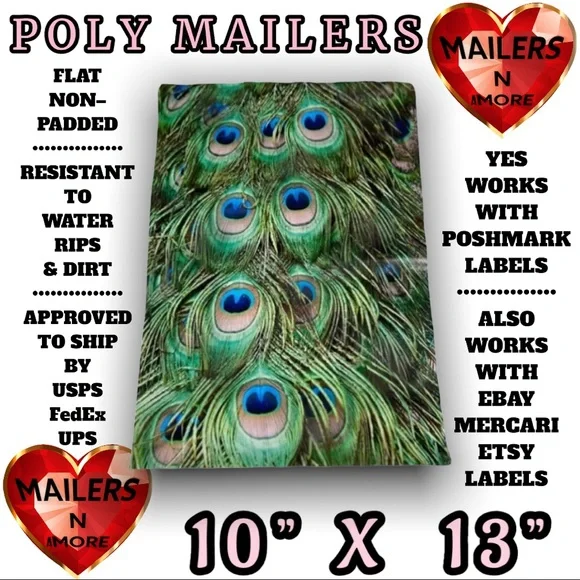 ( Quantity 25 10x13 ) Peacock Eye Feathers Poly Mailers Bags Shipping Envelopes - Picture 3 of 3